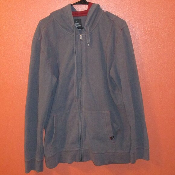 Prana Men X Large Gray Red Full Zip Pockets Outdoor Long Sleeve Hooded Jacket - Picture 1 of 9